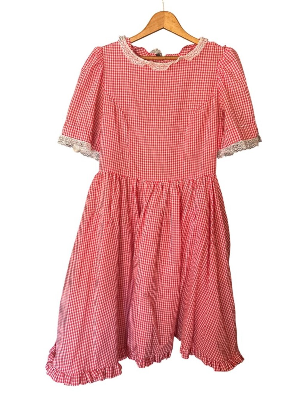 VTG Handmade Square Dance Dress Red White Gingham Full Ruffle Skirt Rockabilly M